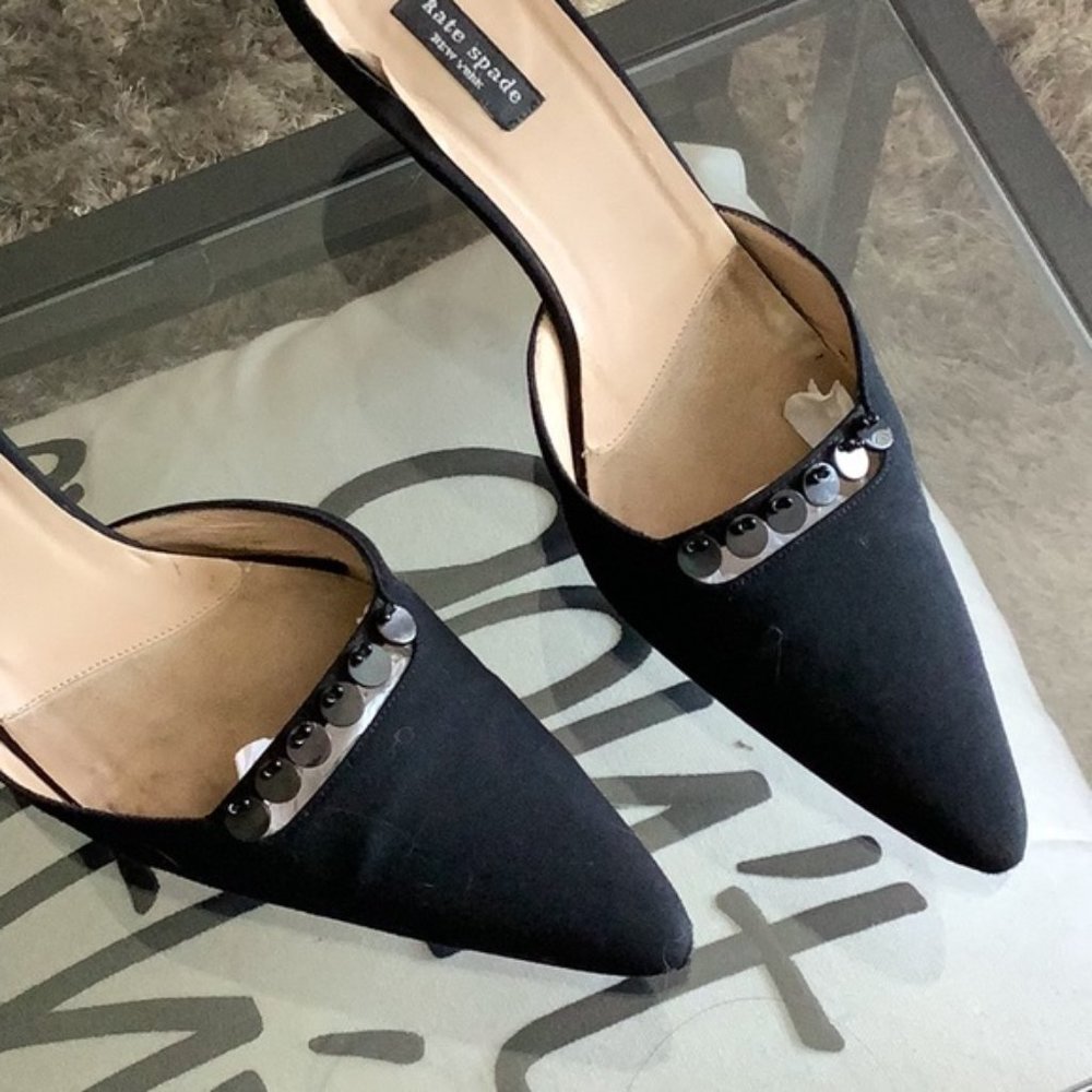 Kate Spade Fabric Black Beaded Point Toe Kitten Heel Mules Italian 8